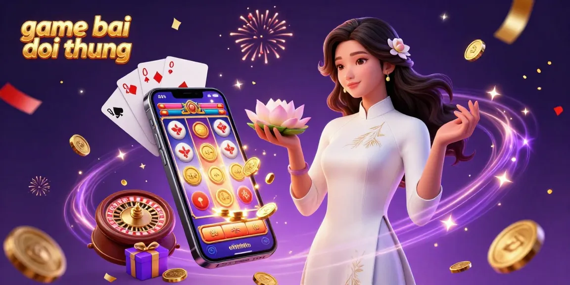 A captivating 3D scene showcasing game bai doi thuong with an elegant Asian woman, vibrant slot games, and celebratory elements.