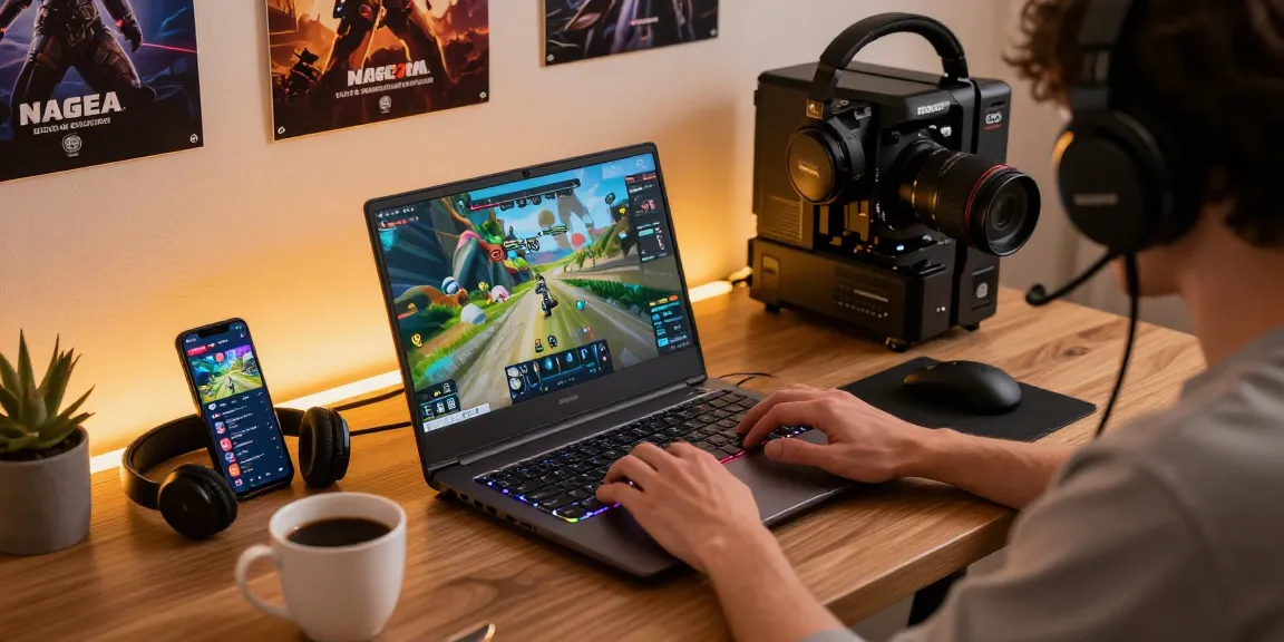 Pengguna menikmati permainan di NAGA2000, dengan aksesori gaming modern dan lingkungan yang nyaman.