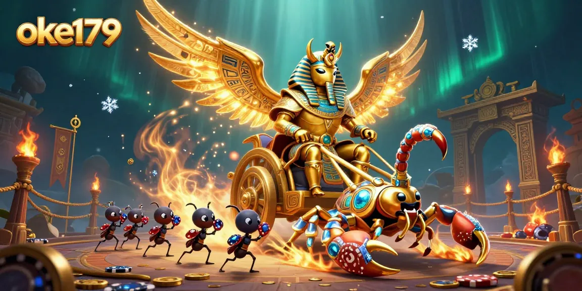 Experience the excitement of oke179 with a dynamic, casino-themed 3D illustration showcasing a vibrant battle arena.