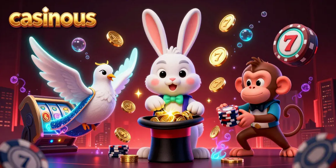 Experience fun at casinous with a magician rabbit, dove, and monkey amidst vibrant casino elements.