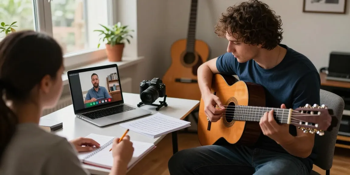 Interactive Zoom Classical Guitar Lessons between a certified instructor and student in a cozy home studio.