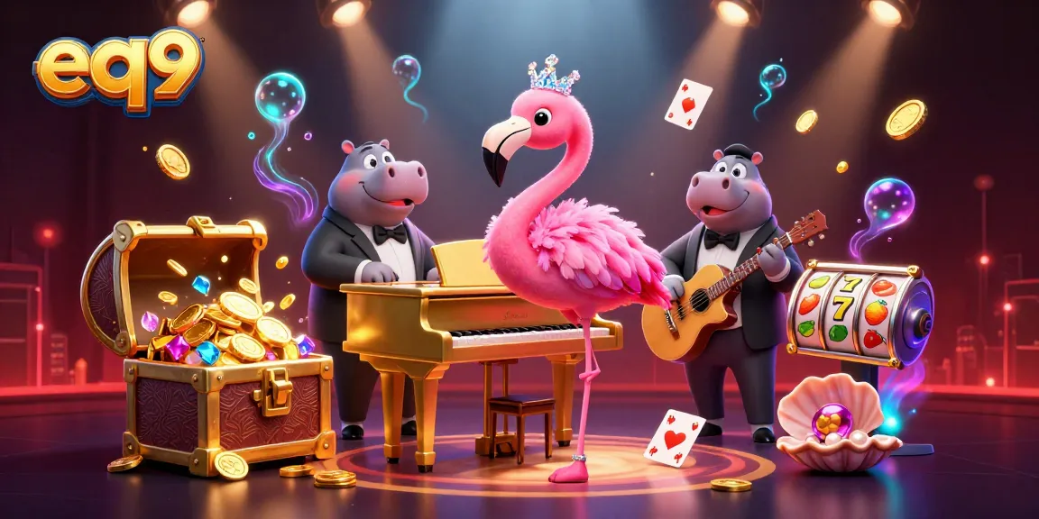 Engage in winning gameplay with EQ9 at this dynamic casino illustration featuring vibrant games and characters.