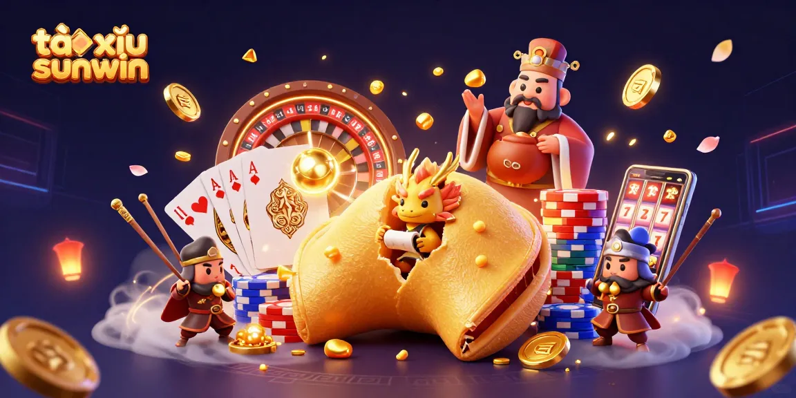 Tài xỉu sunwin showcases a vibrant casino scene with a golden fortune cookie and dynamic gaming elements.