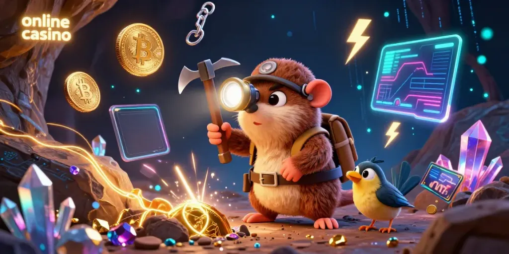 Engaging 3D illustration featuring Bitcoin coins amidst a treasure hunt scene for online casino enthusiasts.
