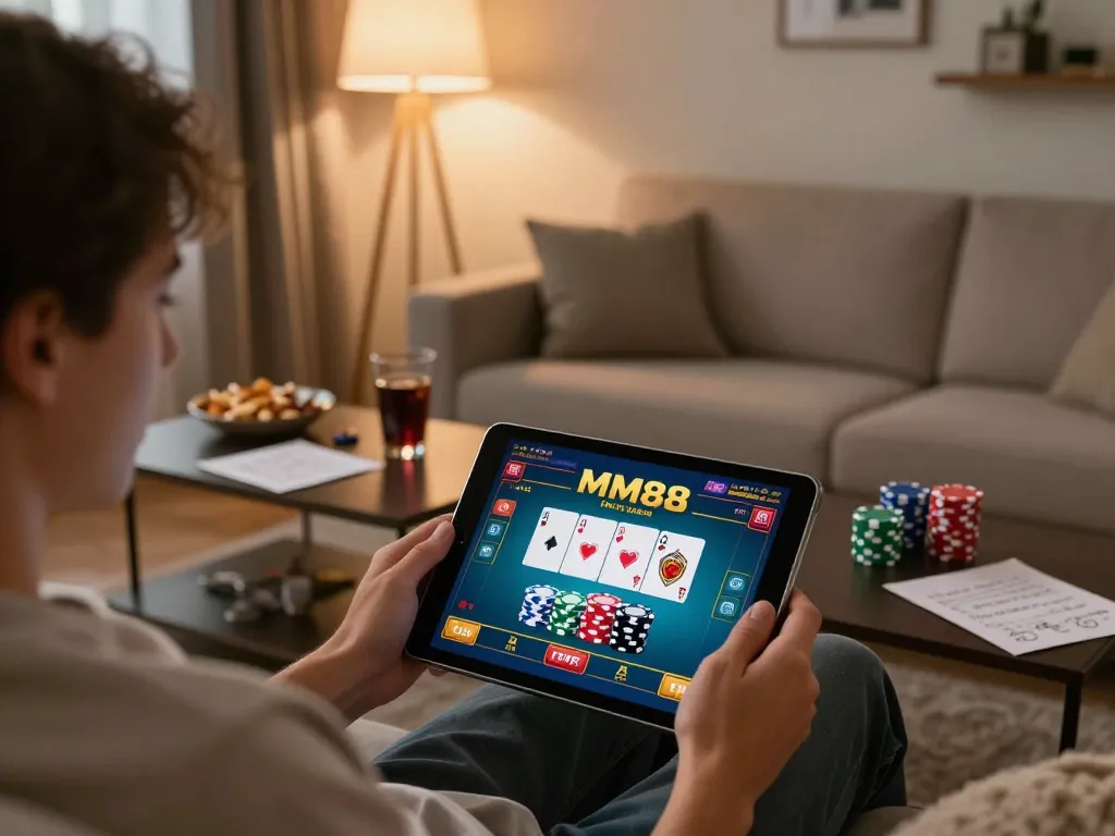Engaging in MM88 online casino gaming on a tablet in a cozy home environment.