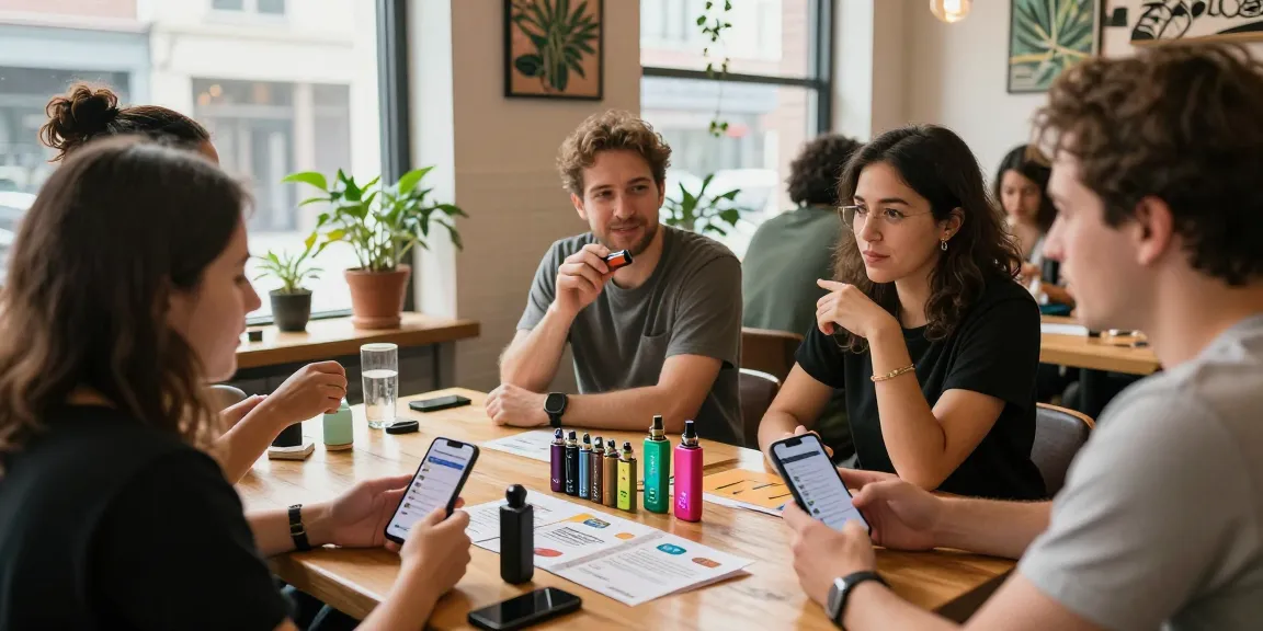 Joined discussions on thc vape telegram uk in lively urban cafe showcasing community vibes.