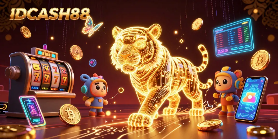 Experience thrilling excitement at IDCASH88 with a vibrant digital casino landscape and glowing neon elements.