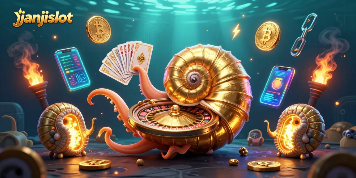 Experience thrilling wins with janjislot, featuring a stunning 3D illustration of a giant nautilus as a roulette wheel.