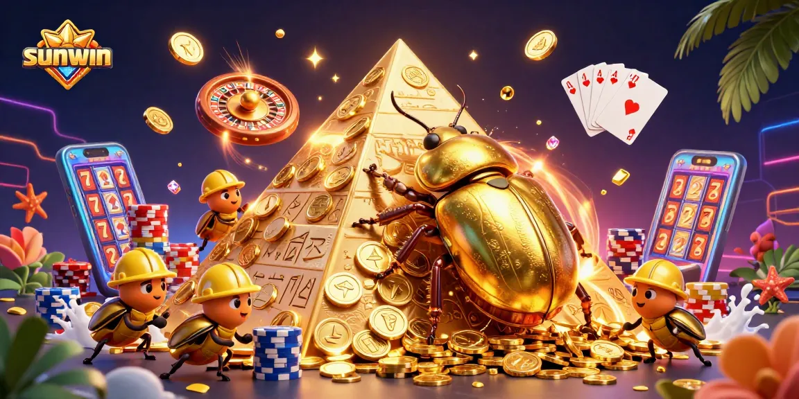 Experience vibrant wins with sunwin as the golden beetles roll coins in an exciting casino setting.