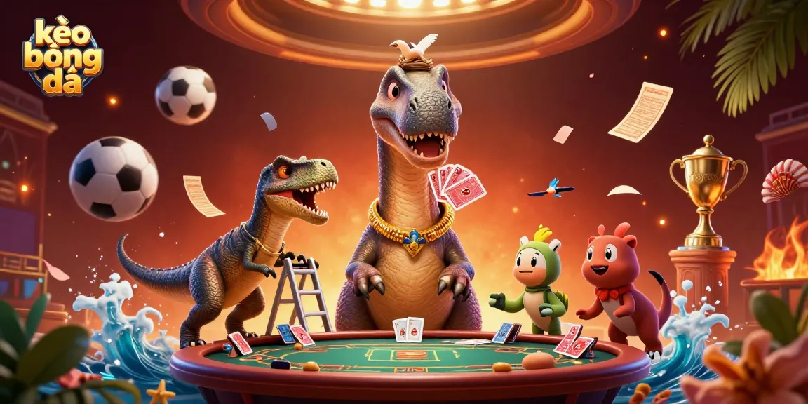 Engage with kèo bóng đá as a giant brontosaurus overlooks a vibrant casino scene packed with excitement.