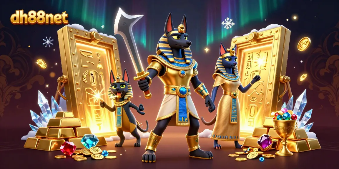 Experience thrilling gameplay at dh88net with Egyptian warrior Anubis amidst gold treasures and jackpots.
