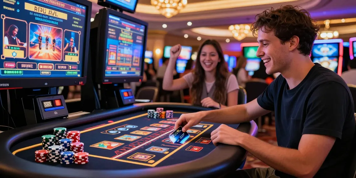 Engaging player at a credit card casino table with colorful chips and digital game display.