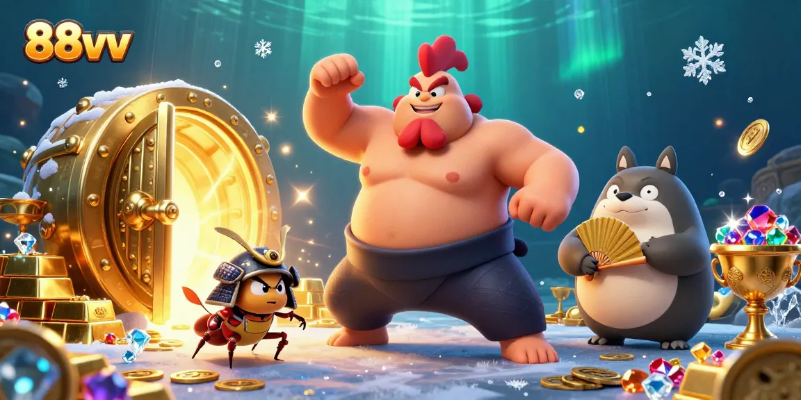 Engage with 88vv's thrilling gaming adventure featuring a powerful sumo rooster and treasure.