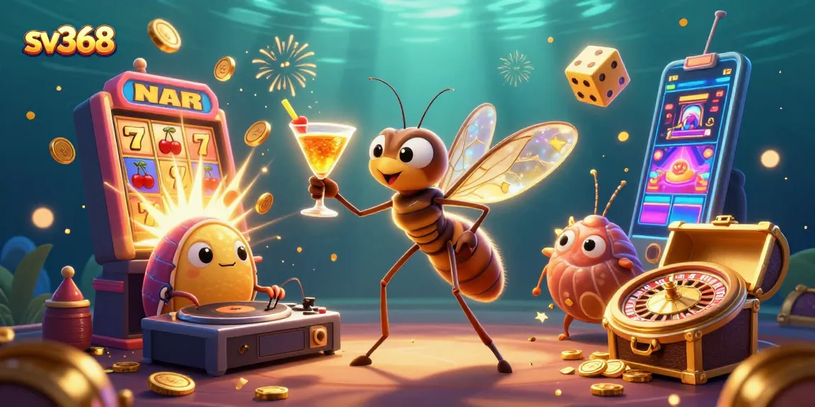 Experience thrilling victories at SV368 with a vibrant casino scene featuring a nostalgic frozen mosquito mascot.
