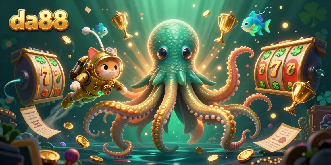 Play with da88-themed slots featuring a kraken, diving cat, and golden treasures in a vibrant 3D casino scene.