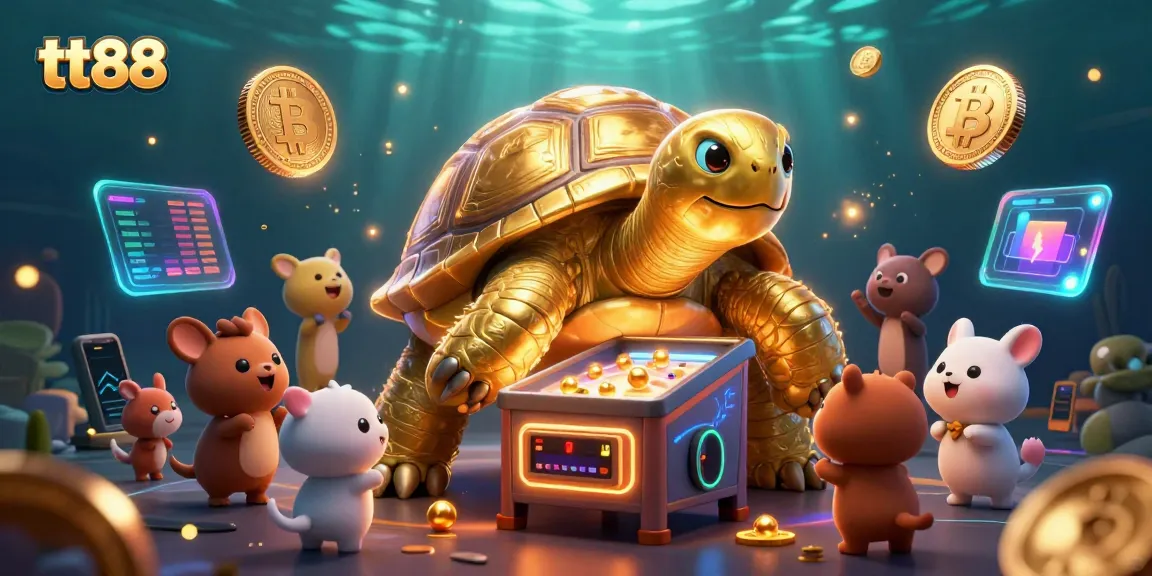 Engage with tt88's thrilling gaming experience featuring a golden tortoise and vibrant crypto icons.