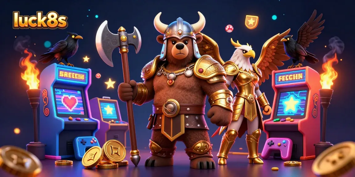 Engage with luck8s through an exciting 3D illustration depicting a Viking bear and Valkyrie eagle in a vibrant casino setting.