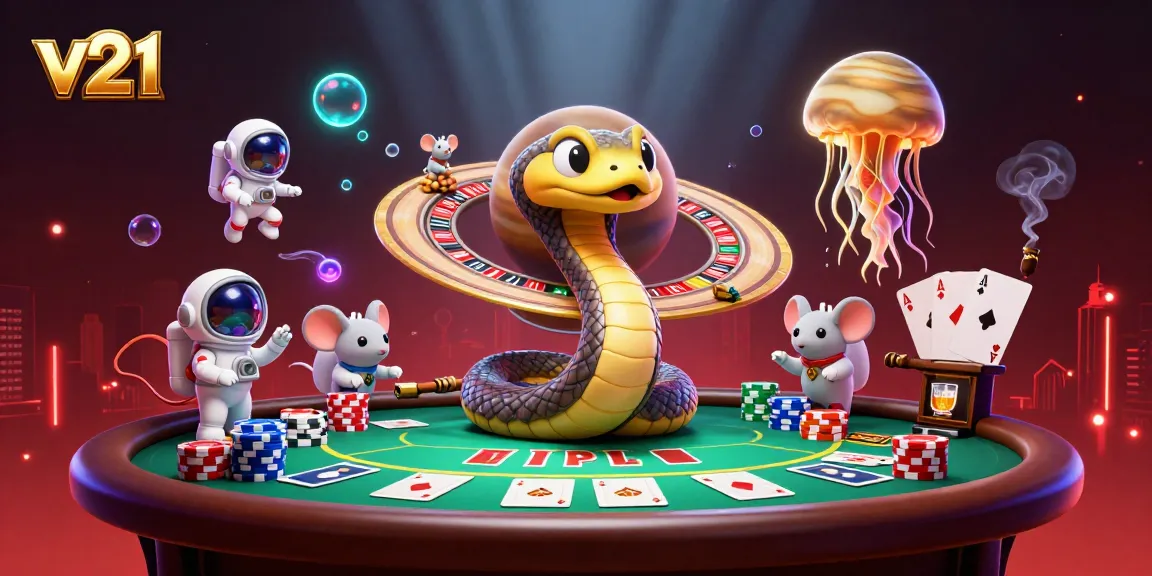 Visualisasi permainan kasino v21 dengan naga Saturnus sebagai roda roulette dan naga emas sebagai dealer.