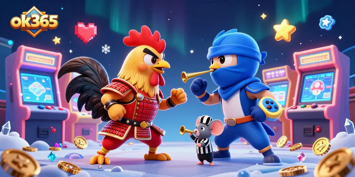 Engage in thrilling gameplay at ok365 with fighting roosters in a vibrant casino illustration.