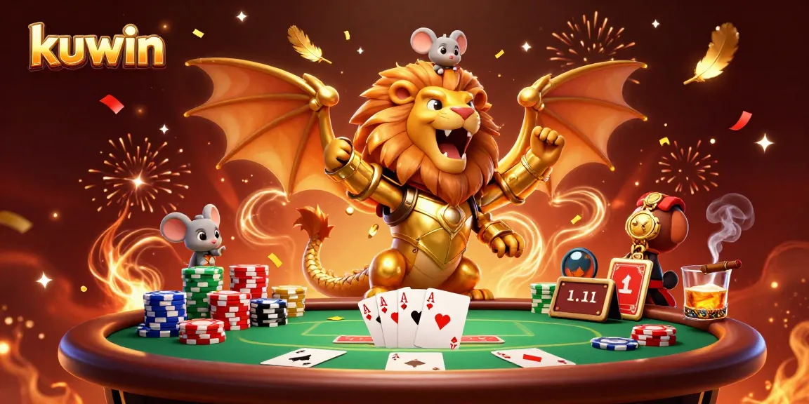 Kuwin offers thrilling casino action with a golden chimera and poker elements in a vibrant, festive scene.