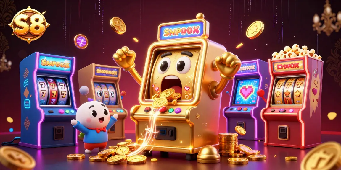 S8 casino excitement: shocked golden slot machine celebrating a jackpot with cheerful sidekicks in a vibrant casino setting.