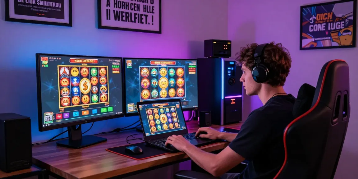 Player spinning slots in colorful online gaming setup to win big.