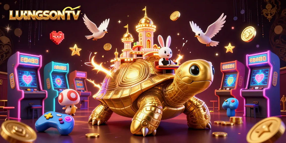 LUONGSONTV engages players with a rich 3D cartoon scene featuring golden casino elements and vibrant game machines.