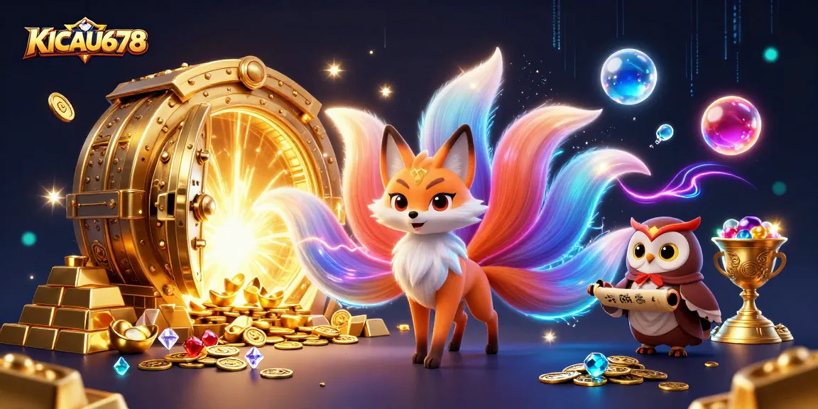 KICAU678 showcases a vibrant scene with a nine-tailed fox spirit amidst treasures, promoting responsible gambling.