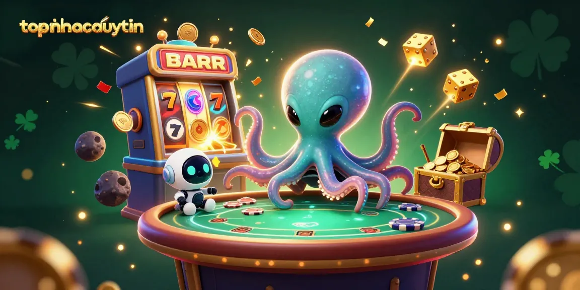 topnhacaiuytin showcases a vibrant alien octopus hosting an exciting poker game in a cosmic casino