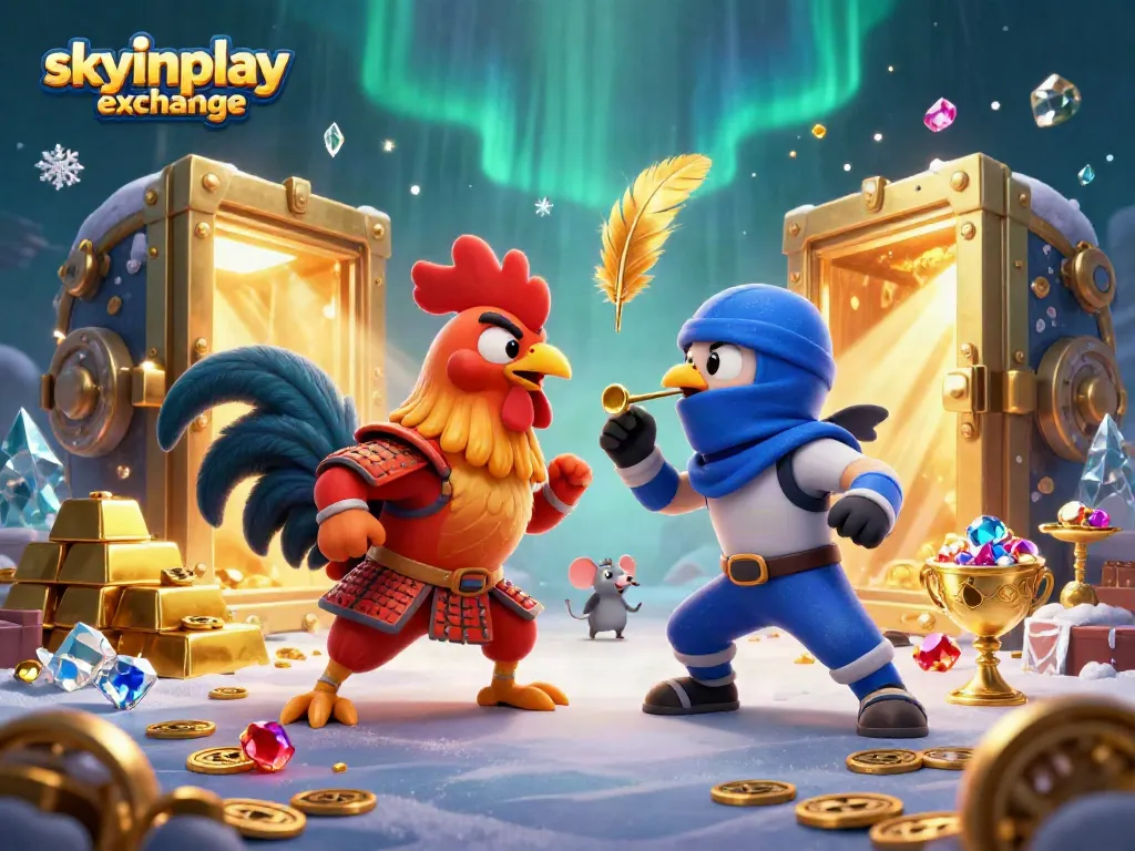 Watch twin roosters in samurai and ninja gear compete in the skyinplay exchange, surrounded by treasures and shining gems.