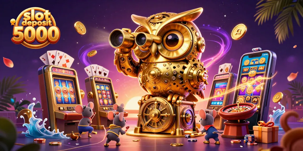 Menangkan slot deposit 5000 dengan ilustrasi menarik mesin slot dan simbol keberuntungan.