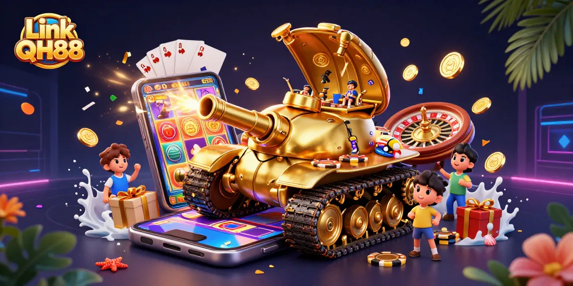 Experience exciting gameplay with the Link QH88 tank casino, spinning reels, and vibrant game elements!