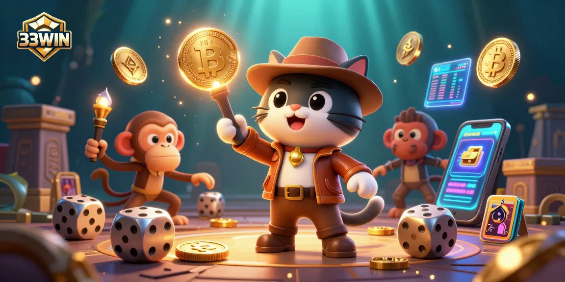 Engage with 33WIN's vibrant scene featuring an explorer cat and crypto elements amidst casino adventure.