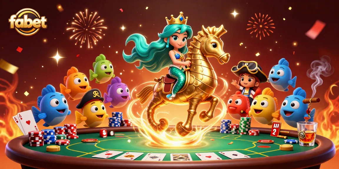 Experience fabet's thrilling gameplay with a vibrant mermaid and seahorse amidst poker elements and confetti.