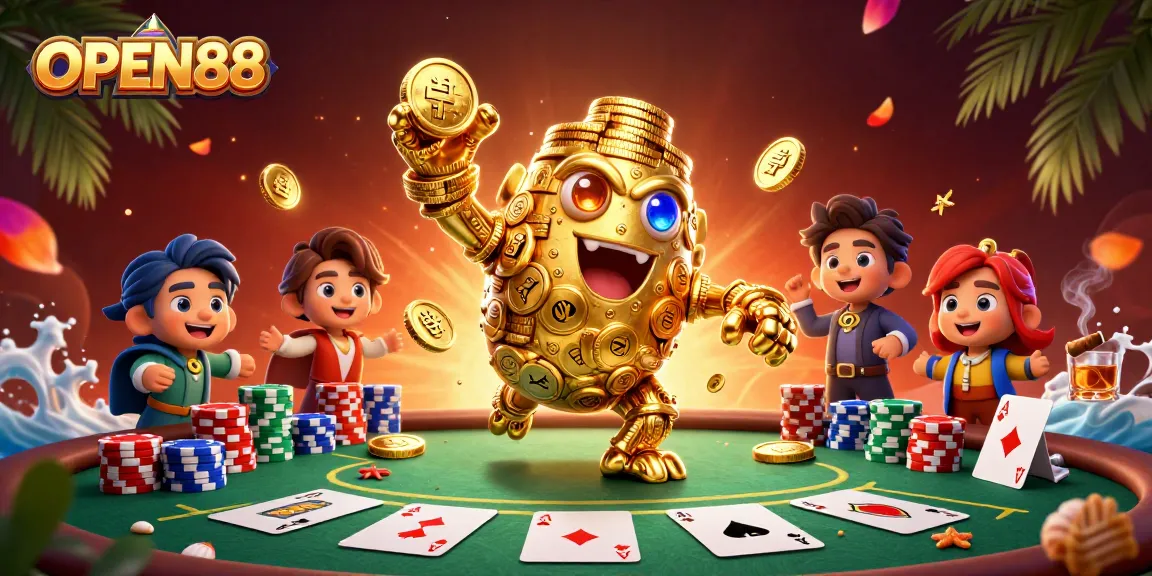 Engage in thrilling action at OPEN88 with a dynamic gaming scene featuring a golden golem amidst poker chips.