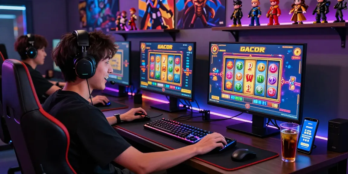 Player enjoying slot gacor game at a modern gaming desk with colorful screens and gaming accessories.