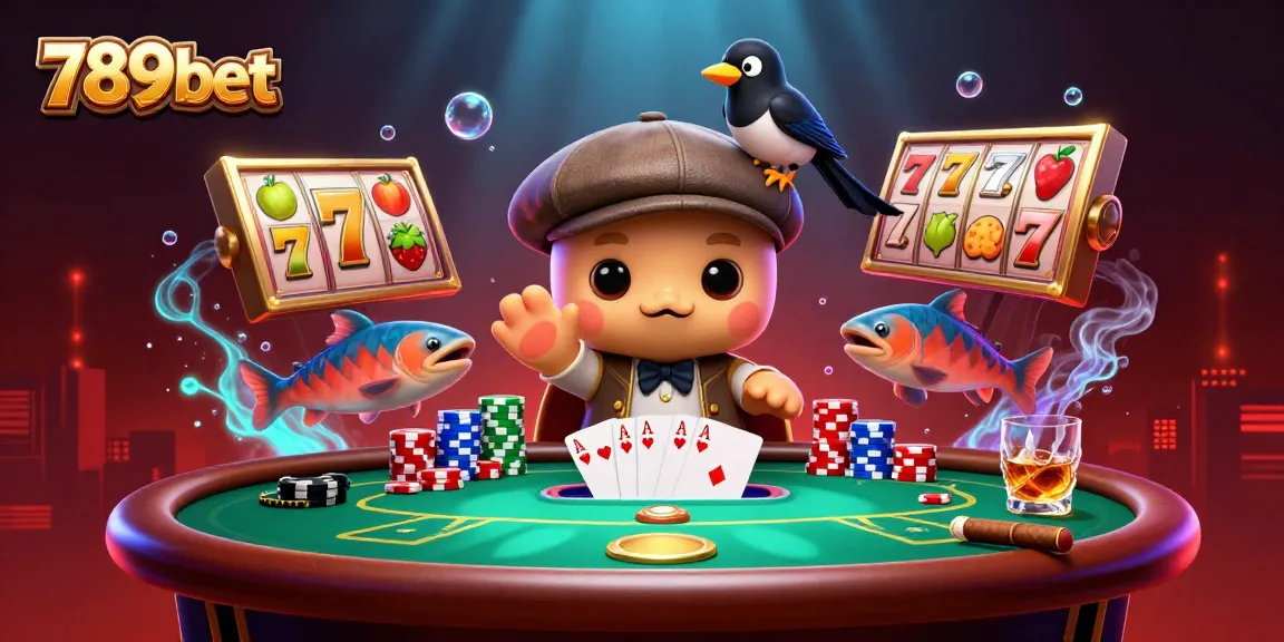 Engage in thrilling games at 789bet with vibrant slot reels and a playful monster scene.