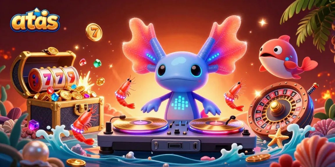 Join the vibrant gaming scene with atas, featuring a neon axolotl DJ amidst exploding treasure chests and lively casino elements.
