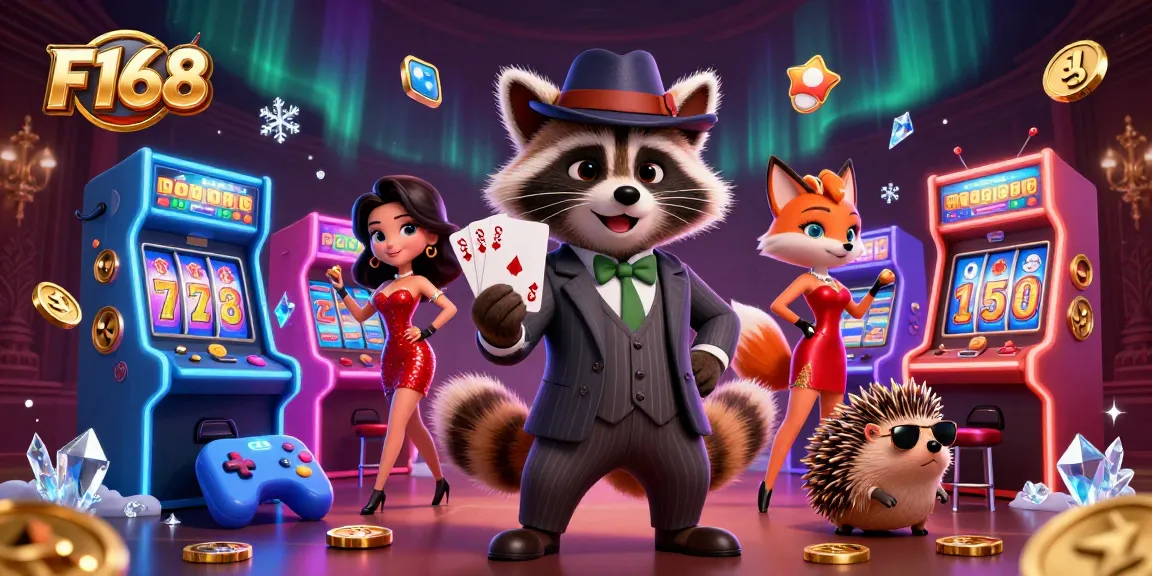 Experience F168's vibrant casino scene with animated characters and thrilling game elements.