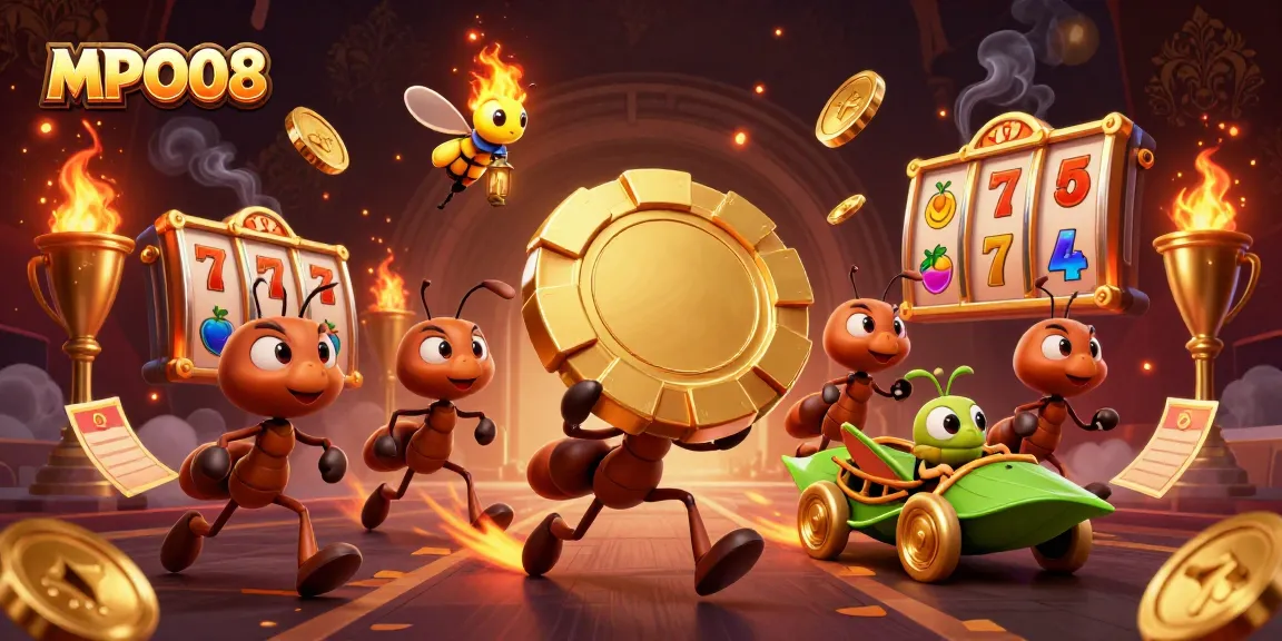 MPO08 features a heist with ants carrying a massive poker chip among slot elements and gold coins.