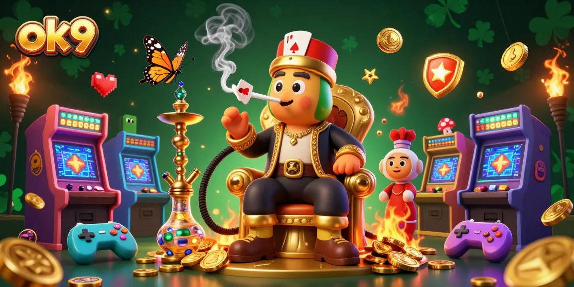 Experience the thrill of ok9 gaming with a vibrant 3D illustration featuring lively characters and casino elements.