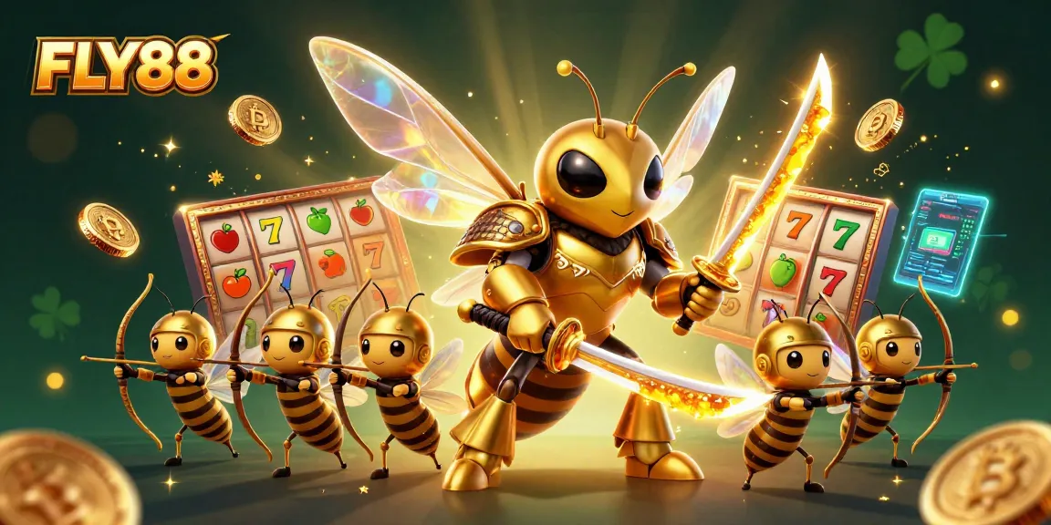 FLY88 showcases a dynamic scene with a hornet in samurai armor amidst vibrant slot game elements.