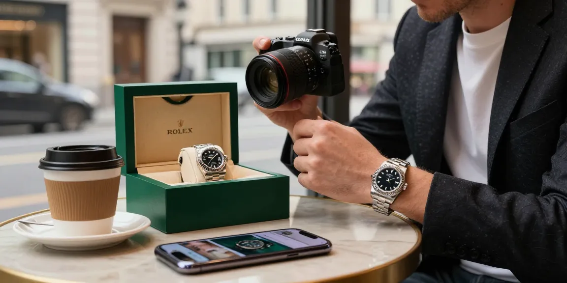 Man admiring a rolex replica watch in a chic café setting, showcasing luxury lifestyle.