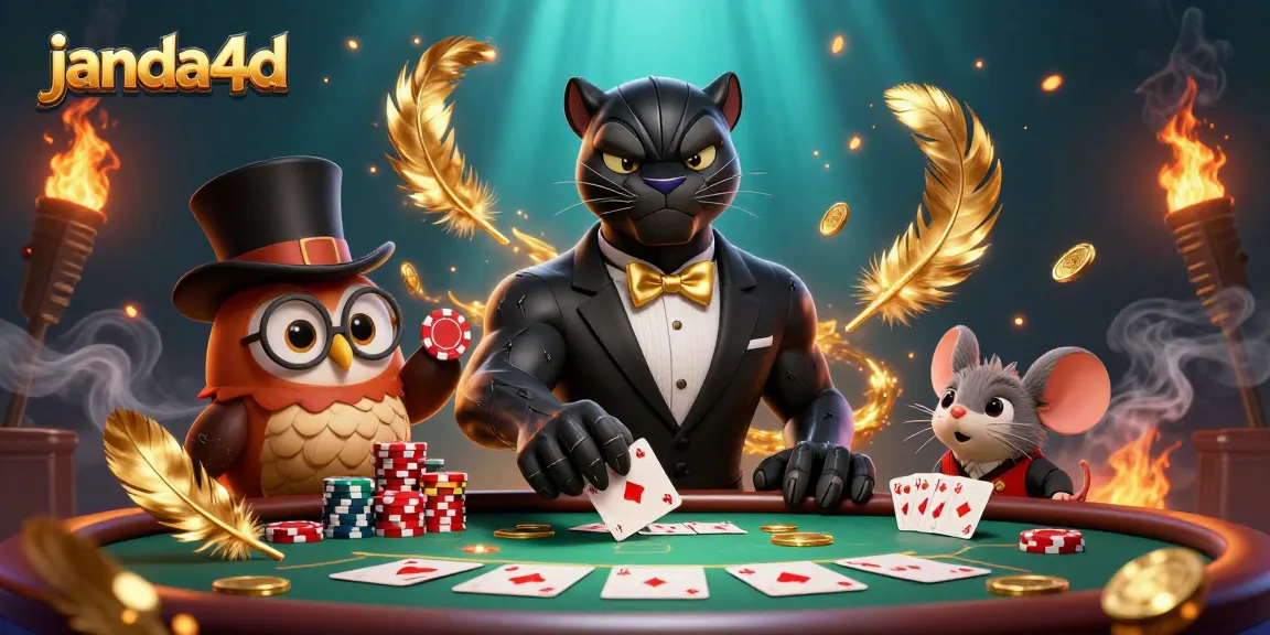 Gambarkan janda4d seperti panther yang stylish di meja poker, mengatur kartu dan chip dengan estetika spektakuler.