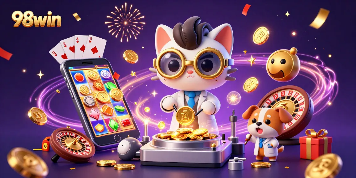 Experience the thrill of 98win as the mad scientist cat creates a gold-coin machine in a lively casino illustration.