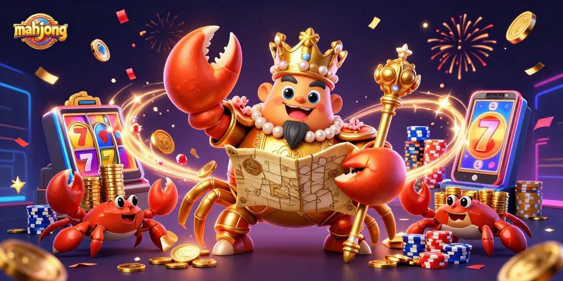 Engage in thrilling mahjong gaming with a cartoon crab emperor in a lavish casino scene.