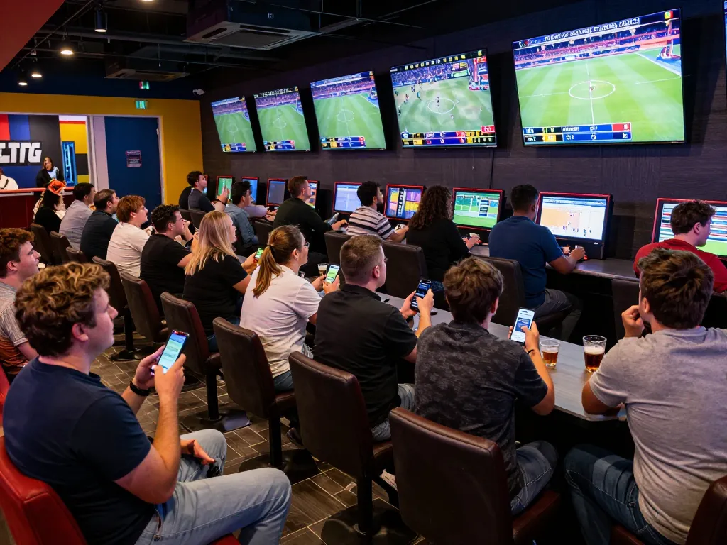 Excited sports bettors engaging with TOPBET live odds during a thrilling match.