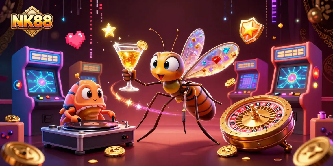 Experience NK88's vibrant casino scene with an animated mosquito mascot, DJ trilobite, and golden roulette.