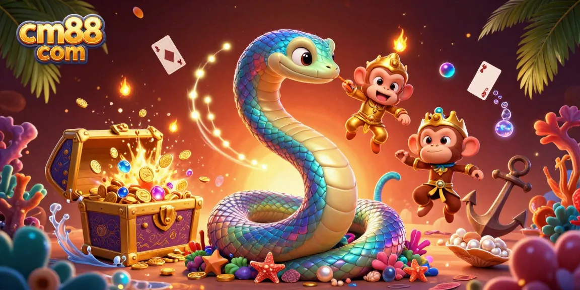 Experience exciting games at cm88 com with vibrant illustrations of a rainbow serpent and treasures.