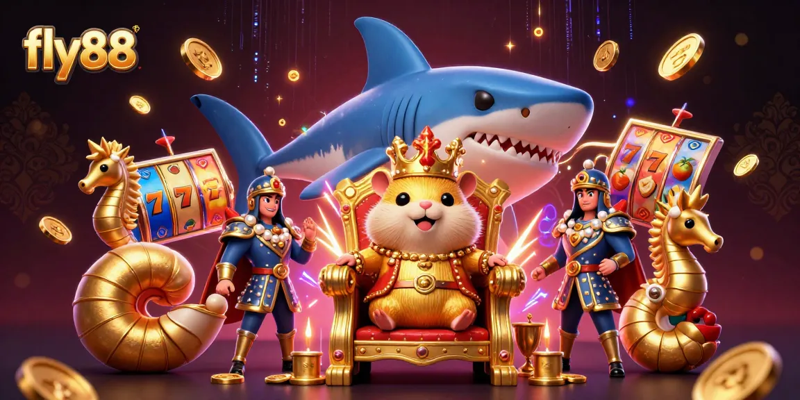 Experience the excitement of fly88 with a dynamic gambling scene featuring a golden hamster king and slot game elements.